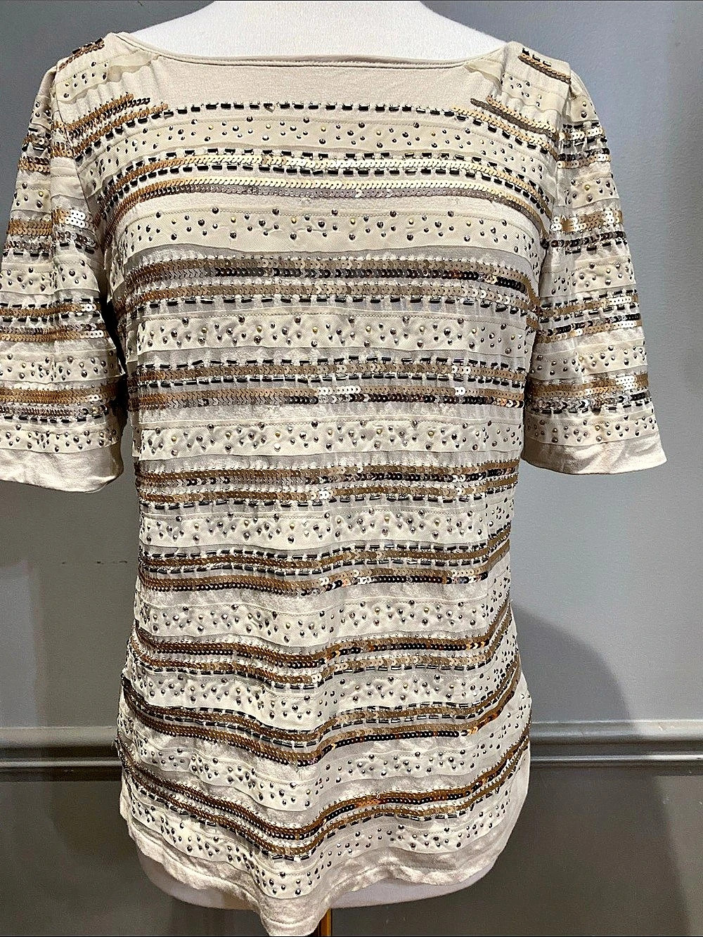 White House Black Market Gabrielle Striped Embellished Top in Cream Size Large